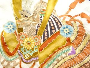 アンティーク　絞り波に兜模様刺繍紋付男児着物（長襦袢・内袖付き）